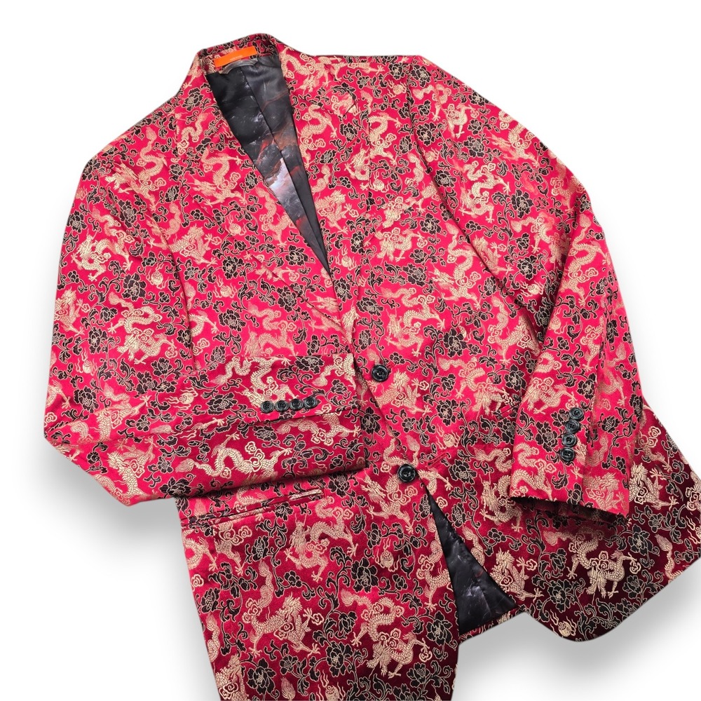 Tallia Men Blazer 40R Red Gold Dragon Jacquard Floral Sport Coat Polyester Rayon